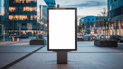 A large white billboard sits on a city sidewalk. The billboard is empty, with no text or images on it. The scene is set in a city at night, with cars and other vehicles driving by