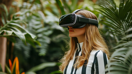 Woman with Blonde Hair Experiences Virtual Reality in Lush Tropical Setting