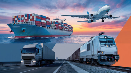 A train, a cargo ship and an airplane are shown in a poster. The poster is designed to show the different modes of transportation used for shipping goods and people. Scene is one of progress