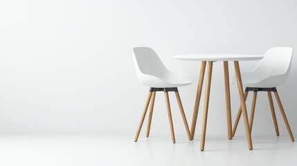 Close-up of a modern white round table set with three chairs, isolated on pure white background, for commercial use and product display