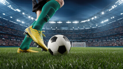 A soccer player is kicking a soccer ball on a field. The player is wearing green socks and yellow shoes. The soccer ball is white and is in the air