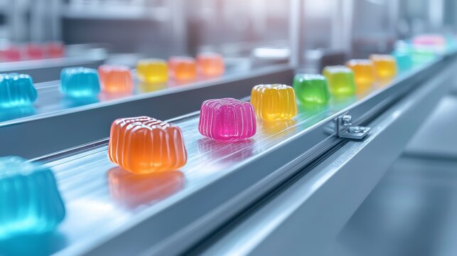 Closeup of assorted jelly candies on conveyor belt, vivid colors in a spotless candy factory