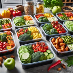 Healthy meal prep containers arranged on a kitchen counter