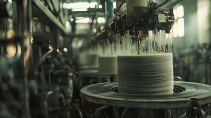 A textile manufacturing facility with spinning machinery producing yarn.