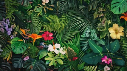 Green tropical leaves with multicolored flowers, minimal summer nature background with abstract style
