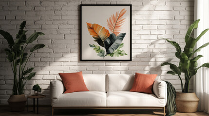 Poster und Bilderrahmen Mockup im modernen Wohnzimmer – fotorealistisches 3D-Rendering für Bildplatzierung	