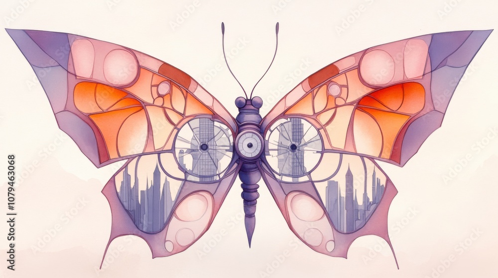 Poster abstract butterfly with intricate cityscape and geometric patterns