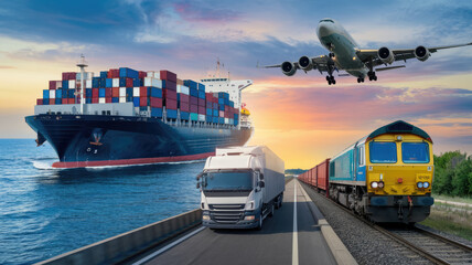 A train, a ship and an airplane are shown in the image. Scene is one of transportation and travel, as the different modes of transportation are all moving in different directions