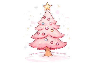 cartoon of cute pink christmas tree with white background