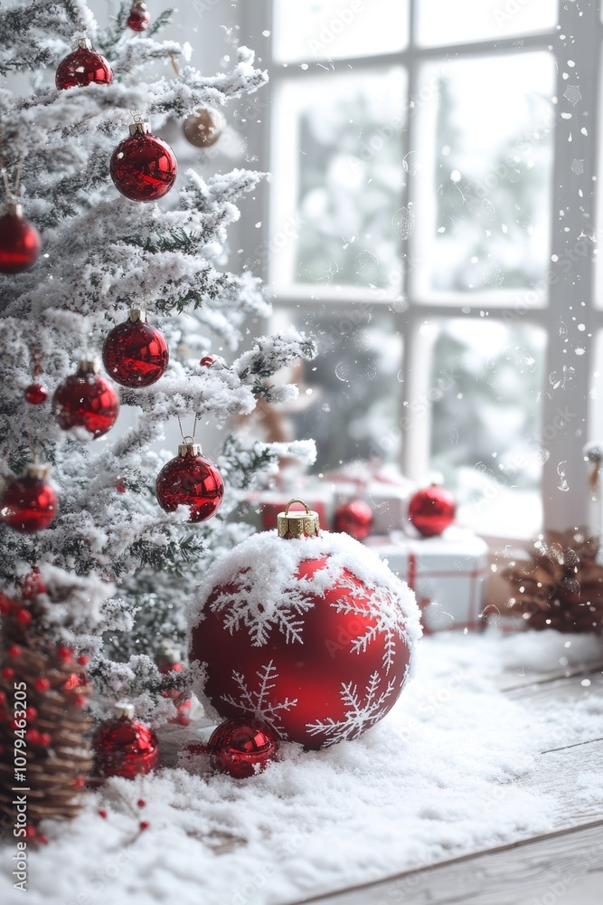 Sticker a festive christmas tree adorned with red ornaments beside a snow-covered tree, creating a winter wo