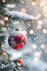 A vibrant red ornament glistens on a lush Christmas tree, embodying festive cheer and holiday spirit.