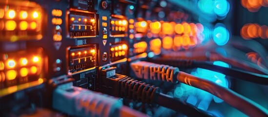 Fototapeta premium Network Server with Illuminated Ports and Cables