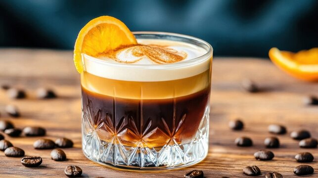 A refreshing carajillo cocktail with ice, topped with a creamy foam, cinnamon dust, and an orange peel garnish, on a rustic wooden surface.