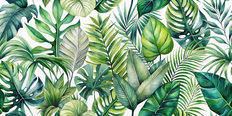 Watercolor Tropical Leaves Seamless Pattern, White Background, Jungle Foliage Illustration, Green Leaves, Nature, Tropical, Pattern