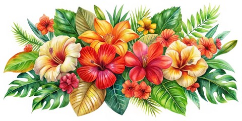 Watercolor Tropical Floral Arrangement, Hibiscus, Monstera