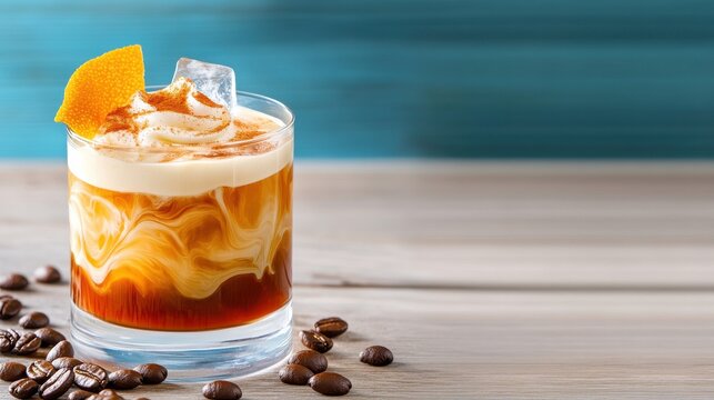 A refreshing carajillo cocktail with ice, topped with a creamy foam, cinnamon dust, and an orange peel garnish, on a rustic wooden surface.