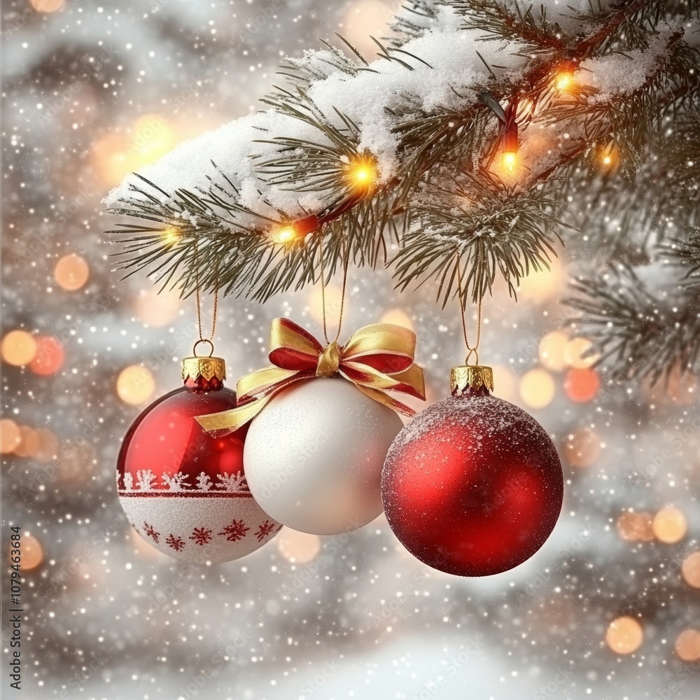 Wall mural three colorful ornaments dangle from a snow-covered tree branch, adding festive cheer to the winter 
