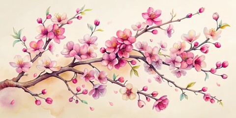 Fototapeta premium Watercolor Painting of Pink Cherry Blossoms on a Branch, Spring Flowers, Floral Art, cherry blossom, watercolor art