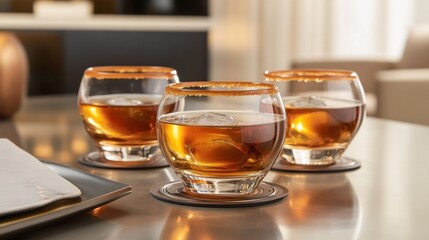Caramel whiskey cocktail in an old-fashioned glass with caramel rim, upscale lounge setting 