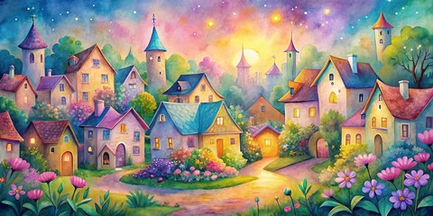 Watercolor Illustration of a Magical Town at Sunset, Fantasy Village, Watercolor Painting