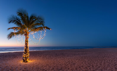 Lone palm tree on the beach on an island with christmas decorations lights trunk tropical holiday celebration in Hawaii