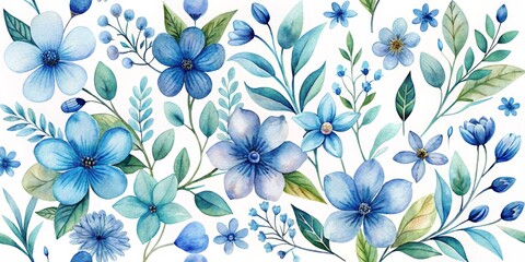 Watercolor Floral Pattern with Blue Flowers and Green Leaves, Floral Pattern, Blue Flowers