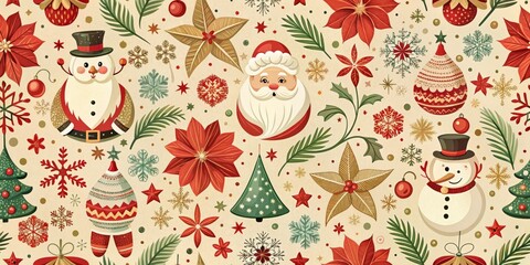 Vintage Christmas Pattern with Santa, Snowman, and Holly, Christmas, Holiday