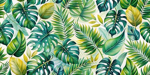 Tropical Watercolor Leaves Seamless Pattern, Green , Tropical