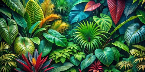 Tropical Jungle Painting Lush Green and Vibrant Colors, Digital Art, Nature, Jungle, Plants