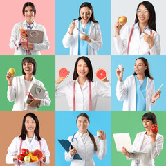 Collage of young female nutritionists on color background