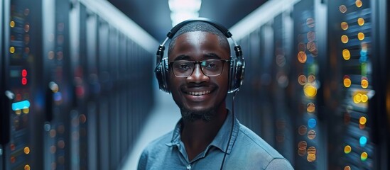 Smiling Server Room Technician with Headphones