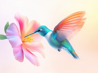 Obraz premium Vibrant Hummingbird Hovering Near Colorful Hibiscus Flower in Gentle Light