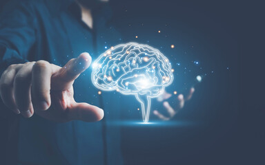 Brain inside the hands of the businessman. Human head and brain.Deep learning , Machine learning...