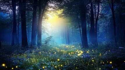 Fototapeta premium Enchanted Summer Forest, a twilight scene with fireflies dancing among lush trees, creating a magical atmosphere filled with shimmering lights and vibrant greenery.