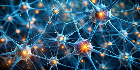 Interconnected Neural Network with Glowing Axons, 3D Illustration, Neuroscience, Brain