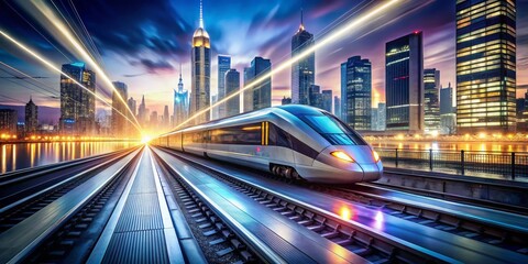 Fototapeta premium High Speed Train Through City Skyline at Night, futuristic , transportation
