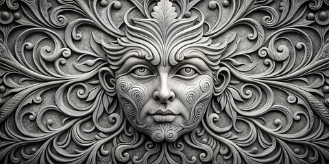 Intricate Carved Floral Design with Human Face, 3D Render, Black and White, Art Deco, Sculpture, ,Art Deco