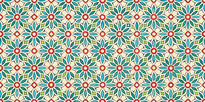 Intricate Floral Tile Pattern with Blue and Red Accents, Tile, Pattern