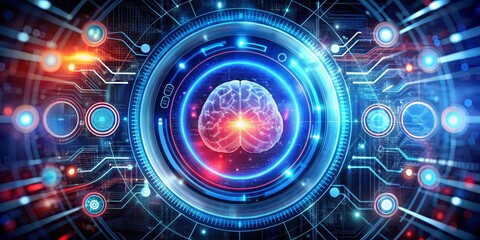 Digital Brain Abstract Futuristic Circuitry with Glowing Human Brain Inside Circle, Technology, Artificial Intelligence ,AI, brain