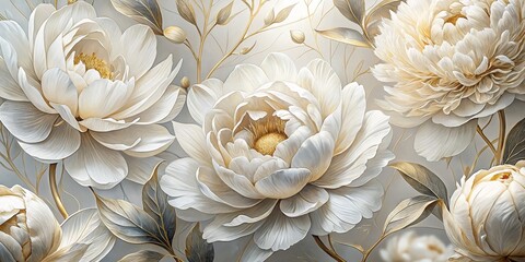 Delicate White Flowers with Golden Veins, Botanical Illustration, Floral Art, Peony ,Flowers