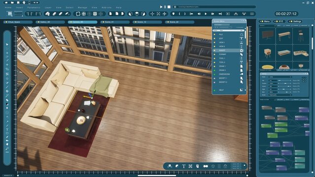 Assets being moved in 3D modeling program by architectural designer in rendered apartment for interior design project. CAD software interface used for making home floor plans and virtual furniture