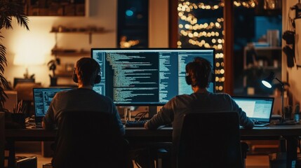 Collaborative Coding Session, a diverse team of developers engaged in teamwork, sharing ideas and solutions at a large monitor in a modern office setting, fostering innovation and creativity.