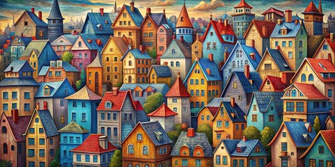 Obraz premium Colorful Townscape with Diverse Architecture, Digital Painting, Cityscape, Architecture