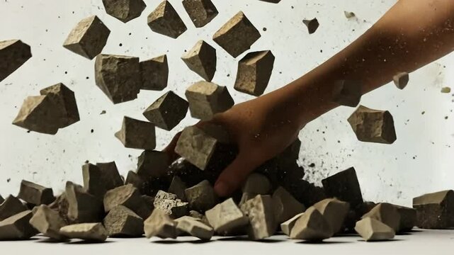 Explosion and destruction of the stone sphere in slow motion cg 3d animation on black isolated background with alpha matte
