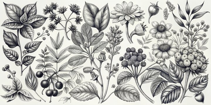 Botanical Illustration of Various Flowers and Leaves in Black and White, botanical art, botanical illustration