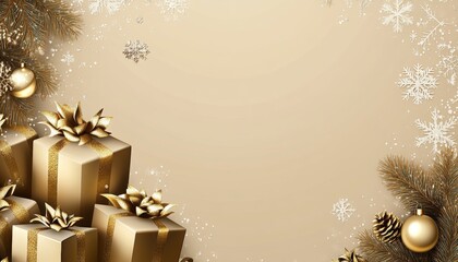 Elegant Golden Christmas Gift Boxes, Fir Branches, and Ornaments on a Festive Khaki Background