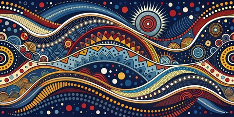 Abstract Wavy Pattern with Geometric Shapes and Dotted Details, Australian Art, Aboriginal Art
