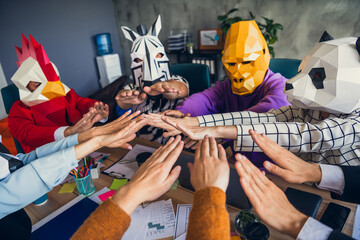 Portrait of rooster gorilla zebra panda mask people handshake pile stack loft business center...
