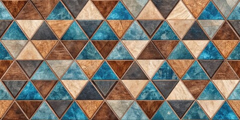 Abstract Geometric Pattern of Triangle Tiles in Blue and Brown Tones, wood , tiles