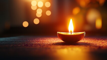 Candle-lit Diwali scene, intricate patterns, peaceful atmosphere, golden glow